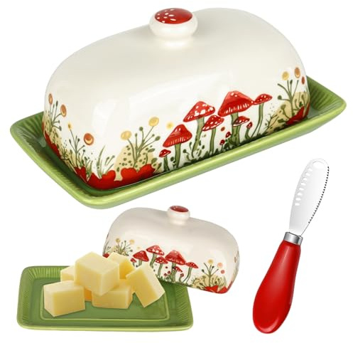 YYTECH Green Butter Dish with Lid, 7.5*4.2 in Ceramic Butter Dish with Lid, Butter Keeper with Mini Red Butter Knife, Cute Mushroom Butter Storage Dish Covered for Home, Kitchen, Keeping Butter