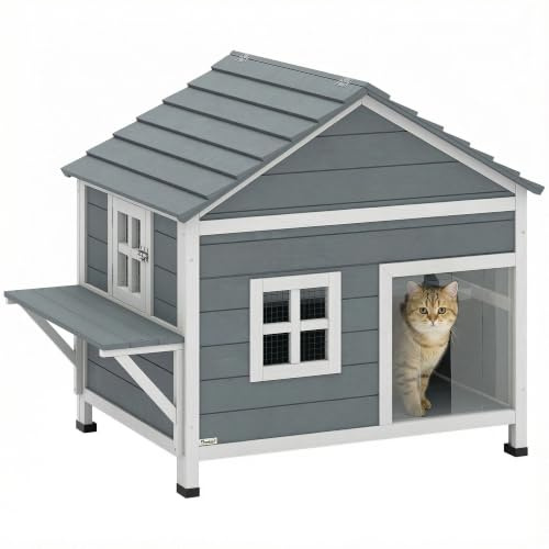 PawHut Katzenhaus aus Holz 2-Etagen für 1-2 Katzen 101x72,5x81cm Grau | Katzenhöhle für Draußen, Wasserdicht Aufklappbar Dach, Erhöhter Basis, Seitlicher Plattform, Fenster, Bis 5 kg