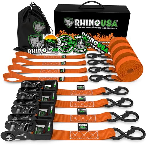 Rhino USA Schwerlast-Ratschengurt-Kit (4er-Pack) – 4 cm x 2,4 m (2.000 kg Bruchlast) – Ultimative Zurrgurte mit Sicherheits-S-Haken für LKWs, ATV, UTV, Motorräder, Ladung und mehr – Orange