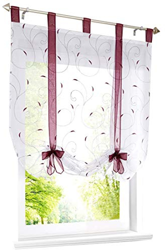 Raffrollo mit Stickerei Band Raffgardinen Voile Transparent Schlaufen Vorhang (BxH 120x140cm, Beere)