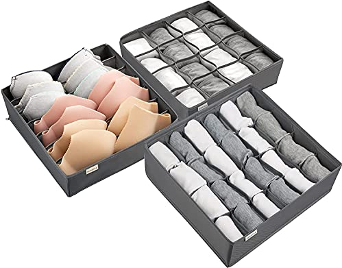 NEWSTYLE Organizador de cajón plegable no tejido para debajo de los tejidos, sujetadores, calcetines, caja de almacenamiento con compartimento de ahorro de espacio (3 piezas, gris)