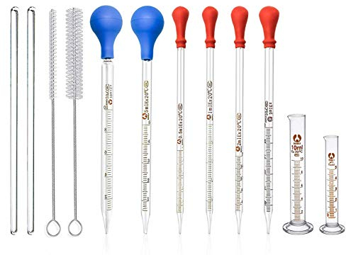 Glas Pipetten, JESSTOLO 6 Stücke Glas Tropfpipetten Pipette mit Skala für Labor Lebensmittel Forschung Medizin, mit Waschbürste, Glas Rührstab und 2 Stücke Messzylinder 5ml 10ml