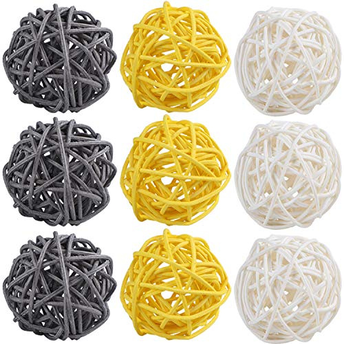 STMK 9 Pcs 3 Inch Wicker Balls Decorations, Rattan Balls Decorative for Home Decor DIY Vase Bowl Filler Ornament Baby Room Nursery Décor Wedding Table Decoration (Grey, Yellow, White)