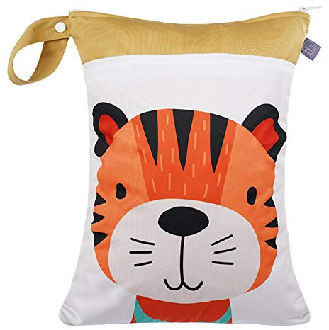 Happy Cherry Kindergarten Wetbag Waschbar Organisator Dreckige Kleidung Nass und Trocken Windelbeutel Wasserdicht Nasstasche Unterwegs Cartoon Khaki Tiger