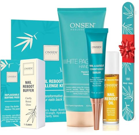 Onsen Secret Ultimate Nail Reboot Kit - Professional Nail File and Buffer, 3-Way Block w/Replacement Pads, Nail Strengthening Cuticle Cream, Reboot Oil & Anti Aging Hand Lotion