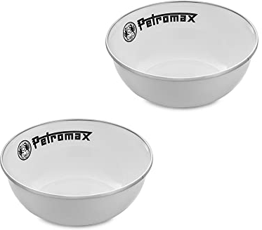 Petromax Emaille Schalen 2er Set weiß (160 ml), Leicht, robust & stoßsicher, Edelstahlrand für Hygiene, Kratzfest und pflegeleicht, Perfekt für Camping und Outdoor