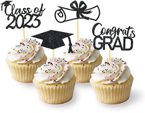 24 Stück Glitzer 2025 Graduation Cupcake Toppers, Abschluss Deko, Bachelor Hut Deko für Abschlussfeier Party, Graduation Dekoration (Schwarz)