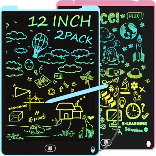 2 Pack 12 Inch LCD Writing Tablet, Electight Colorful Doodle Board, Eye Protection Drawing Board with Lock & Erase FUNC, Birthday Gifts and Toys for 3 4 5 6 7 8 Year Old Boys and Girls - Pink & Blue