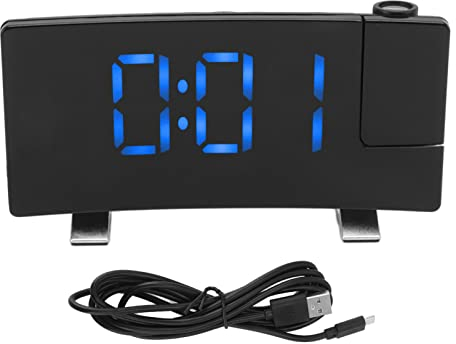 Haofy Radio-Projektionswecker LED-Anzeige Elektronische Uhr Gebogener Bildschirm Digitaler Wecker Schwarzkörper-Projektionswecker (Blaue Buchstaben)
