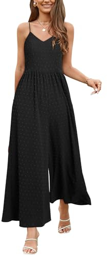 LAISHEN Jumpsuit Damen Sommer Overall Elegant Festlich Hochzeit Lang Hosenanzug Weites Bein Hose Playsuit mit Taschen (Schwarz, M)