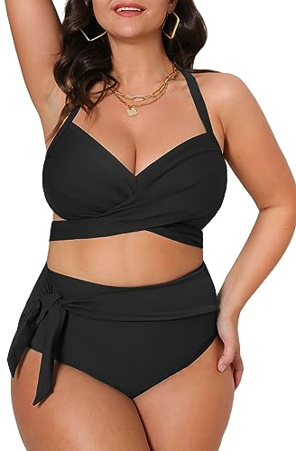 CUPSHE Maillot de bain grande taille pour femme - Maillot piscine - Taille haute enveloppé sur le devant - Bas noué dans le dos, noir, Taille XL
