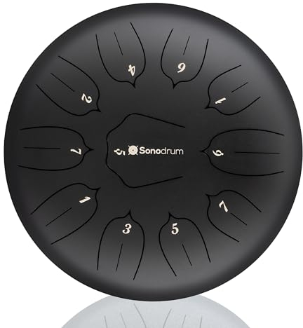 Sonodrum Zungentrommel Standard C - Dur in Schwarz - 30 cm groß mit 11 Tönen - Steel Tongue Drum inkl. Liederbuch, Schlägel, Fingersticks und Tragetasche - Notenlesen nicht nötig, einfach zu spielen