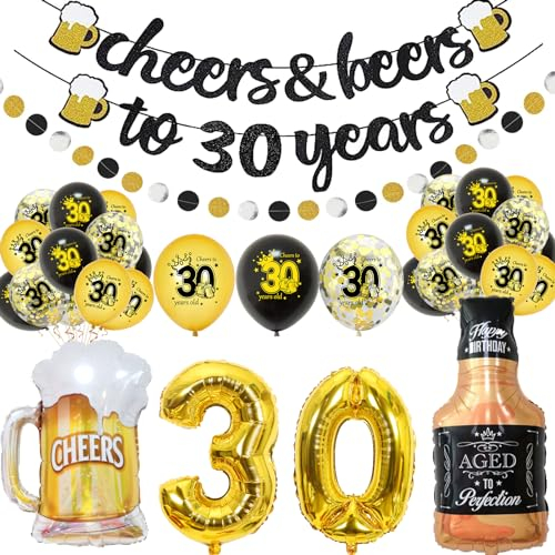 GoldRock Deko 30 Geburtstag Mann Frau,17 Stk Luftballon 30 Geburtstag Deko Set,30 Geburtstag Männer Frauen Deko Banner,Folienballon 30er,Geburtstagsdeko 30 Schwarz Gold,Luftballons 30. Geburtstag Deko