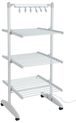 AMOS 300 3-Tier Electric Heated Clothes Airer With Cover Dryer Foldable Aluminium 36 Heating Tubes 300W, Grey - Digital Thermostat Control