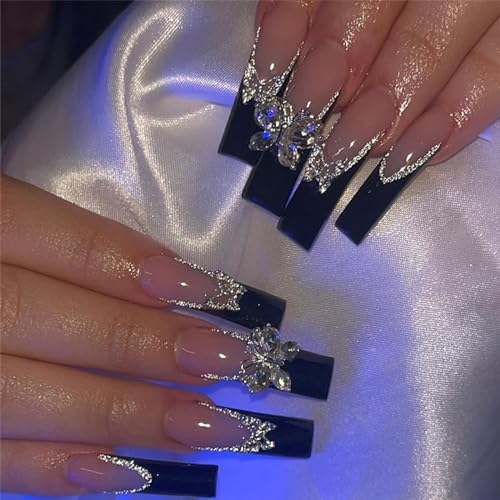 Kryzalite Lot de 24 faux ongles noirs en acrylique avec strass et papillon à paillettes