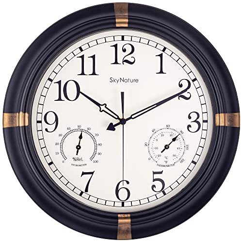 Gartenuhr Outdoor, Große Vintage Retro Wetterfest Wanduhr mit Thermometer und Hygrometer, Leise Ohne TickgeräUsche, Wasserdicht Metall Wanduhrfür Zaun, Terrasse, Pool - 45cm, Schwarze Brozne