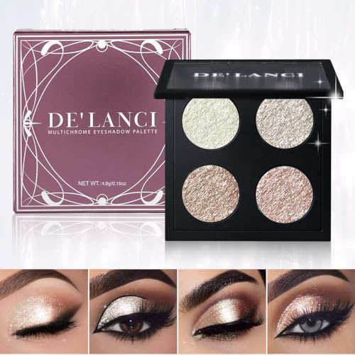 Glitter Shimmer Metallic Lidschatten Palette 4 Farbe, Diamant Perle glänzendes koreanisches Make-up für Auge/Gesicht, Hochpigmentierte weiße schimmernde Schatten, Glow Illuminator