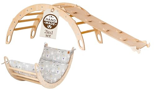 WoodsCraft Kletterbogen mit Kissen & Rutsche Indoor | Wippe Kinder & 2in1: Babyrutsche & Rampe | Holz Montessori Klettergerüst Indoor Spielgeräte & Spielplatz | Klettern Kinder Indoor & Klettern Baby