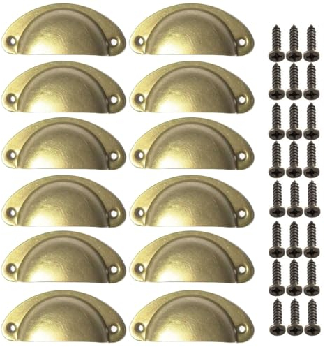 Beilala Cupboard Cup Handles Brass, 12 Pack Antique Shell Kitchen Cabinet Handles, Furniture Door Hardware Knobs with Screws for Chest of Drawers Dresser Wardrobe