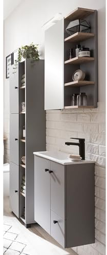 Lomadox Badmöbel Set 3-teilig in grau mit Eiche, Spiegelschrank, Waschtisch, Hochschrank