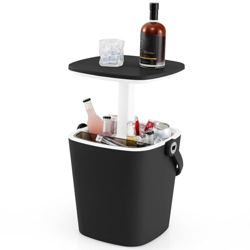 GOPLUS Mesa Nevera Jardín 15 L, Mesa de Cóctel Portátil con Abridor de Botellas y Tapa Elevable, Cool Bar para Picnic Fiesta Camping Patio Terraza Jardin (Negro)