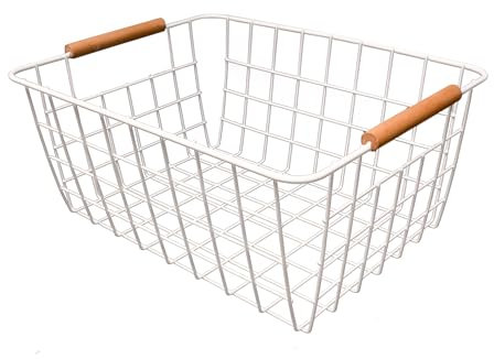 BESCH Cesta Metálica Rejilla Alambre Rectangular con Asa de Madera 28x22x13cm, Cesta Canasto para Almacenaje Multiuso Color Blanco
