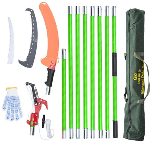 Grefinity 27FT Manual Pole Saw, Tree Branch Trimmer with 8-Section Fiberglass Handle, Sharp Steel Blade and Scissors, Lightweight Extendable Design for High Branch Trimming, Ideal for Palms and Shrubs