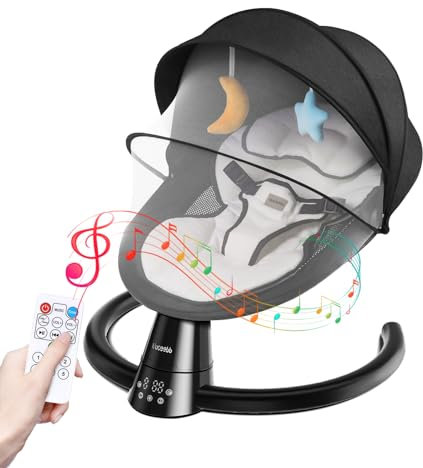 Uuoeebb Baby Bouncer with Bluetooth, Baby Bouncer from Birth with 5 Swing Speed, 3-Stage Timer and Remote Control, Baby Swing Chair from Birth with 2 Plush Toys & Soft Padded Newborn Bouncer (Black)