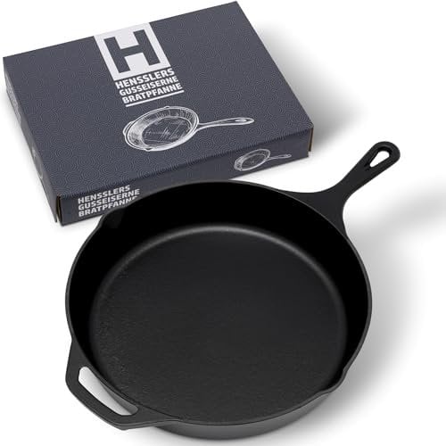 HENSSLERS® Gusseisenpfanne 30cm [ALLE HERDARTEN] - Grillpfanne mit Emaillierter Antihaft Beschichtung - Bratpfanne Gusseisen Induktion - Cast Iron Pan - Gusseisenpfanne Grill - Eisenpfanne Gusseisen