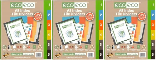 eco-eco A5 50% Recycled Set 6 Wide Index File Dividers eco025 Multicolour (Pack of 3)