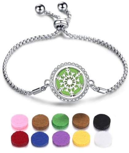 SIXDUTON Armband für Damen Frauen, Verstellbares Edelstahl Lebensbaum Aromatherapie Armbänder mit Farbigen Filzpads (Blütenblatt B) (Schneeflocke)