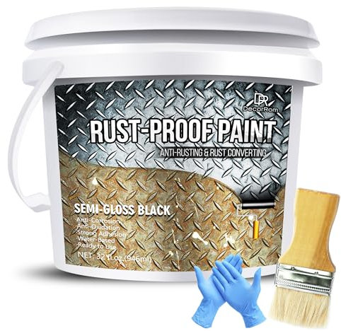 DecorRom Rostumwandler mit Grundierung - 940ml Rostentferner für Metall, Seidenmatte Schwarze Rostschutzfarbe für Rost und Korrosionsschutz, Auto, Wasserbasis Metallschutzlack, Rostschutzgrundierung