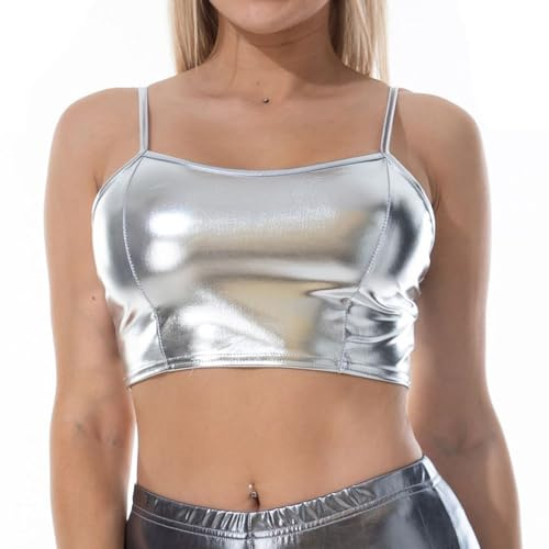 AIEOE Clubwear Damen Weihnachten Ärmellos Frauen Metallic Crop Top Party Bauchfrei Oberteil (Keine BH-Einlagen) Größe S Silber