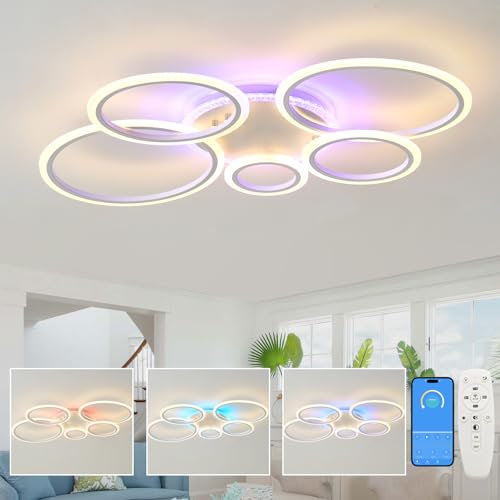 QINGYING 5 Ring Deckenlampe Mit Fernbedienung APP, 100cm RGB Dimmbar Deckenleuchte Mit Memory-Funktion, Moderne Lampe Variable Farbe Mit Timer Für Schlafzimmer, Wohnzimmer, Küche Und Büro，Weiß