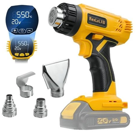 400W 550 ℃ (1022℉)Cordless Heat Gun for Dewalt 20V Battery with LED Digital Display & 4 Nozzles,Overload Protection,Adjustable Control Hot Air Gun for Shrink 、Sealing、 Dissolving(No Battery)