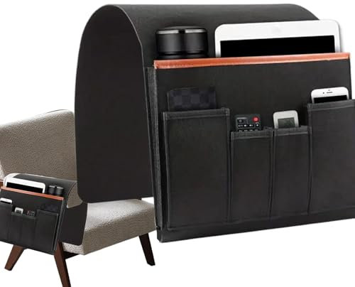 Huvqianu Organiseur de rangement pour accoudoir de canapé, plateau avec poches, organiseur de fauteuil pour télécommandes, organisateur de canapé avec porte-gobelet, support d'accoudoir de canapé pour