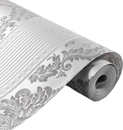 Lining Paper for Walls,Wall Paper Roll,Luxury Silver Grey Damask Wallpaper Metallic Grey Luxury Floral Patterns Embossed Flocking Textured Wallpaper