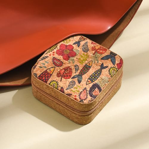 Drawelry Schmuckkästchen aus Kork mit Vintage-Muster, Blumenfisch, Glücksklee Aufbewahrungsbox, tragbare Reise-Ohrring-Ring-Halsketten-Etui, Valentinstag, Geburtstag, Geschenk-Box für Frauen