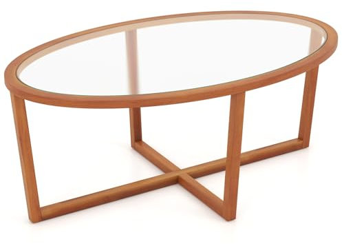 LIFEZEAL Mesa de Centro Ovalada de Cristal Templado, Mesa de Café con Marco de Madera Maciza, Mueble para Salón, 118 x 71,5 x 47,5cm