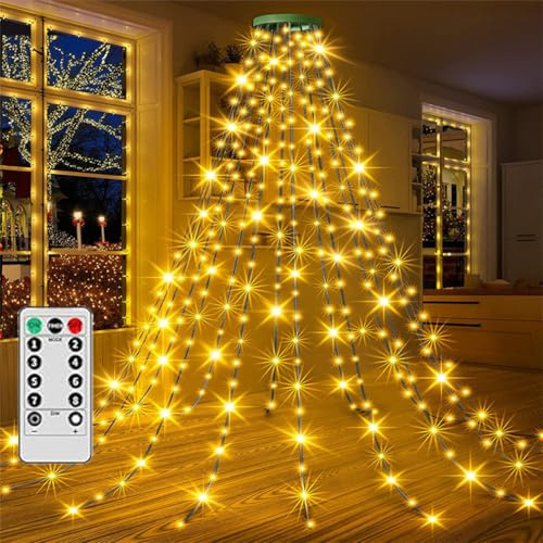 HADAVAKA Christmas Tree Waterfall Lights, Leds Outdoor Xmas Light With Ring, Usb Lights With Remote Control, Led String Lights For Indoor Outdoor Christmas Ornaments (Warm, 3M)