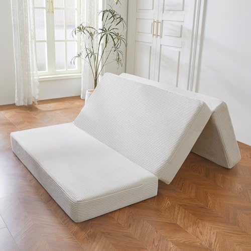 MAXYOYO Klappbare Matratze aus Cord, 3-Fach Klappmatratze 10 cm dick, Faltbare Gäste Matratze mit abnehmbarem & waschbarem Bezug, platzsparend für Gästezimmer & Reisen (Beige, 90x190 cm)