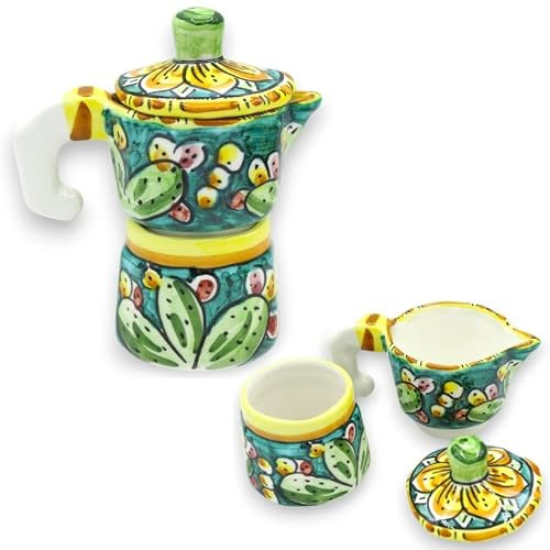 SICILIA BEDDA CAPACI Moka Caffettiera Porta caffè e Zucchero, Ceramica Caltagirone, h 13 cm ca. Vari Colori (1Unità) Decoro Casuale - Verde