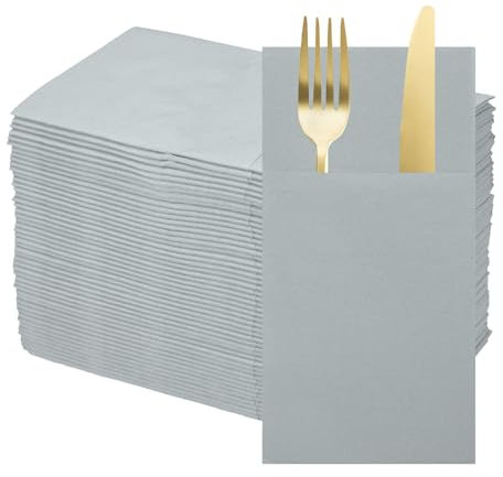 sourcing map 50 Pcs Disposable Linen Feel Napkins with Built-in Flatware Pockets, Paper Dinner Napkins for Knife and Forks, Hand Towels for Wedding Party Light Grey