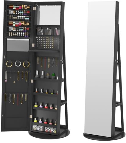 SUBTLETY Schmuckschränke Drehbare Schmuckregal mit Ganzkörperspiegel, Ohrringschlitzen, Halskettenhaken, LEDs, Ringschlitzen & Make-up Ablagen Platzsparend Schmuck Standspiegel (Schwarz)