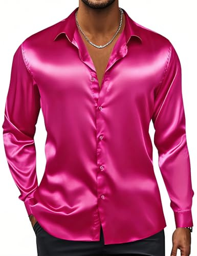 Hi-Tie Chemise habillée en satin à manches longues pour homme, boutonnée, coupe droite, fête, mariage