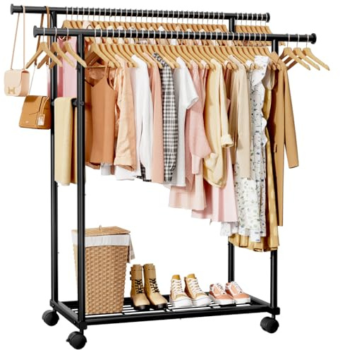 Sakugi Double Rod Clothing Rack with Shelf & Wheels, 98x42x150cm, Black | Double rod clothes rail with fixed extension rod; universal wheels; built-in shelf; perfect for closet organizers & storage