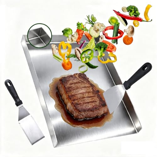 Edelstahl Grillplatte aus 2Mm,40*30Cm Plancha Grillplatte,Zwei Grillspateln | Grillplatte Gasgrill,für Gasgrills und Holzkohlegrills, Universal Grill Platte