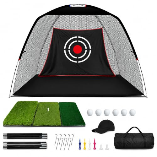 Kapler 12x7ft Golf Practice Net with Tri-Turf Mat and Practice Kit | 12x7ft Kit: wide practice area with tri-turf mat 6 golf balls target cloth tees stakes poles hat and carry bag