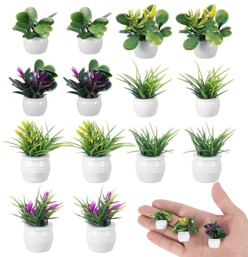 14 Stück Miniatur Puppenhaus Pflanzen Set Grün Miniatur Bonsai | Pflanze Zubehör Puppenhaus Miniaturpflanze Garten Topfpflanzen Winzige Blumen für DIY Garten Dekorationen