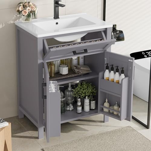 Calivra Mueble de baño con lavabo 60 x 46 x 84,8 cm, lavabo independiente con lavabo de cerámica, 2 puertas, estante ajustable y práctico cajón, armario para baño moderno, color gris